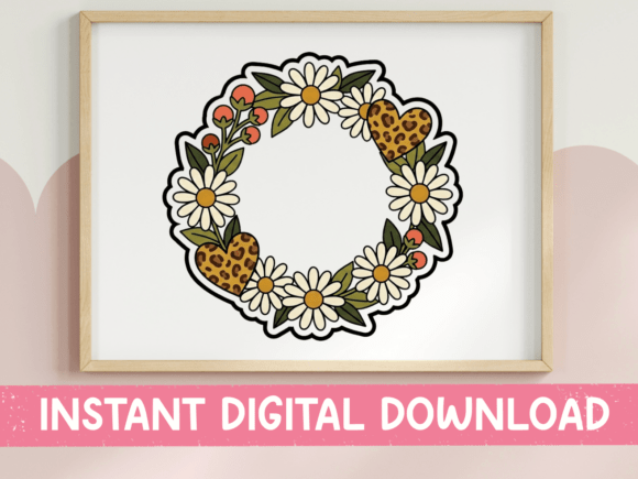 Daisy Leopard Heart Wreath Sticker Graphics & T-Shirt Designs